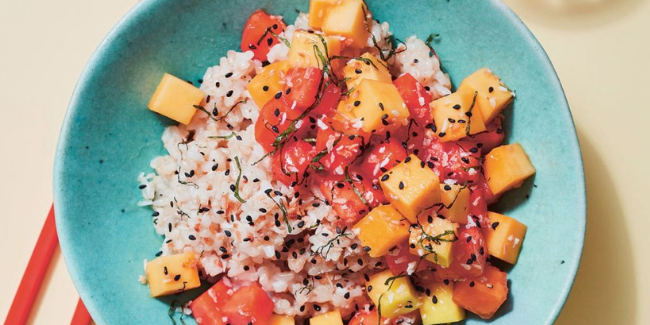 Mango and papaya poke with coconut rice